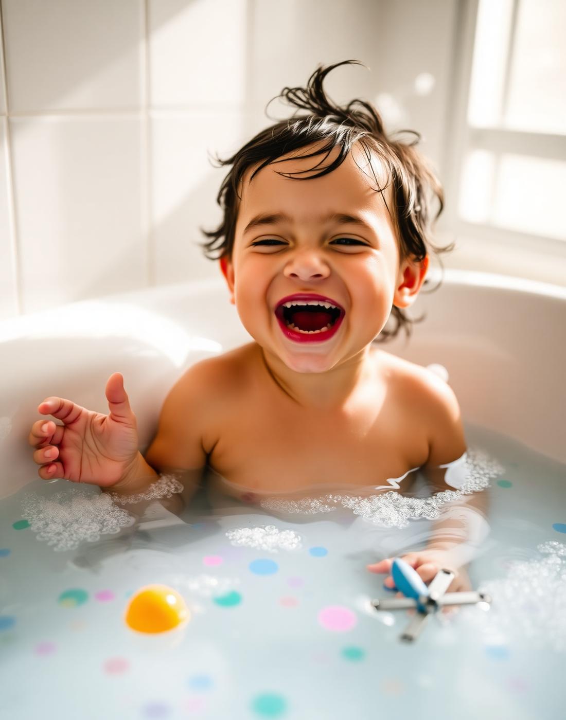 Child laughing in colorful bubble bath