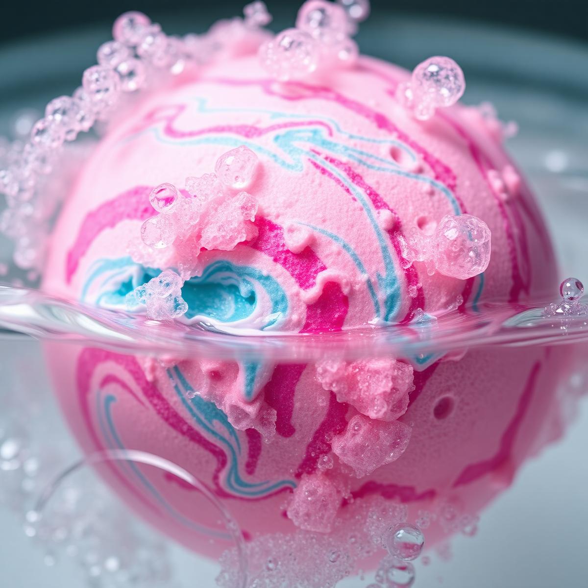 Pink bath bomb fizzing in water